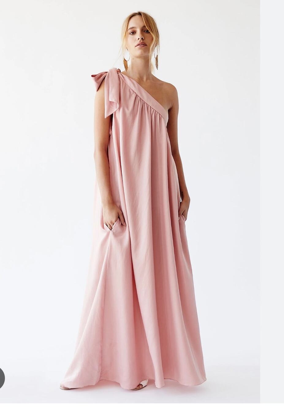 FREE PEOPLE  SOA One Shoulder Bow Tie Oversized Silky Maxi Dress Pink/Rose Small